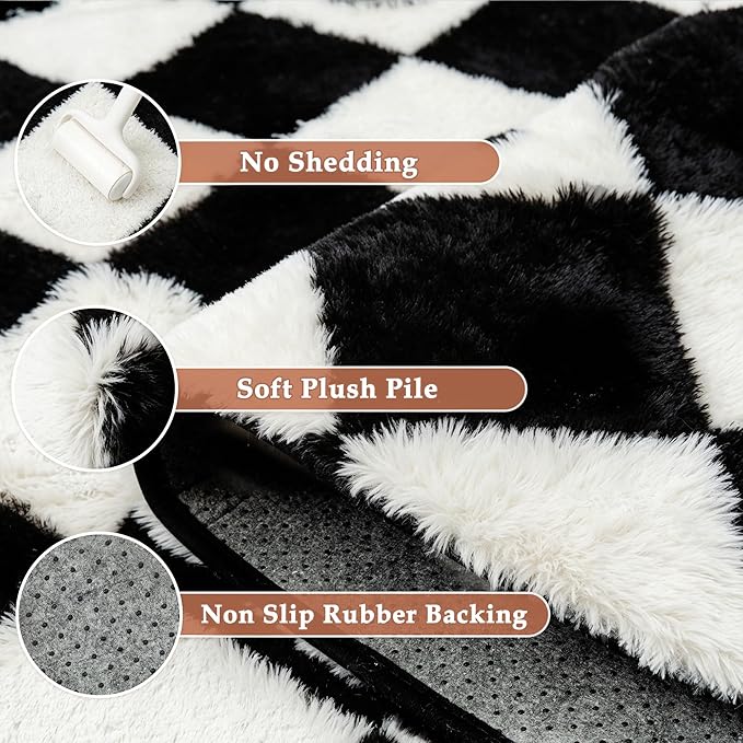PureCozy Checkered Rug 5x7 Fluffy Shag Living Room Black and White Area Rug Modern Washable Carpet Soft Shaggy Non Slip Indoor Plush Fuzzy Rugs for Bedroom Dorm Office Home Aesthetic Decor