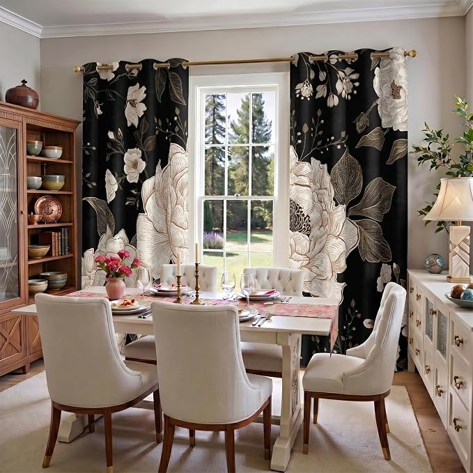 Black and Gold Blackout Curtain, Boho Floral Aesthetic Art Curtains, Dark Vintage Flowers Grommet Drapes 2 Panels, Farmhouse Bedroom Living Room Decor 52X84 Inch