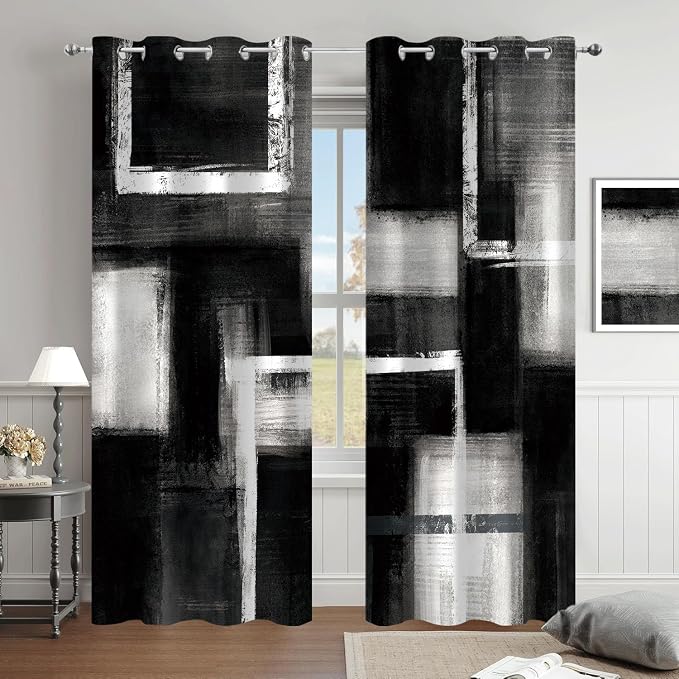 Boho Black and Grey Abstract Blackout Curtains, Retro Rustic Gray Neutral Contemporary Modern Geometric Darkening Thermal Insulated Grommet Light Blocking Drape Decor, 52 x 84 Inch Long 2 Panels