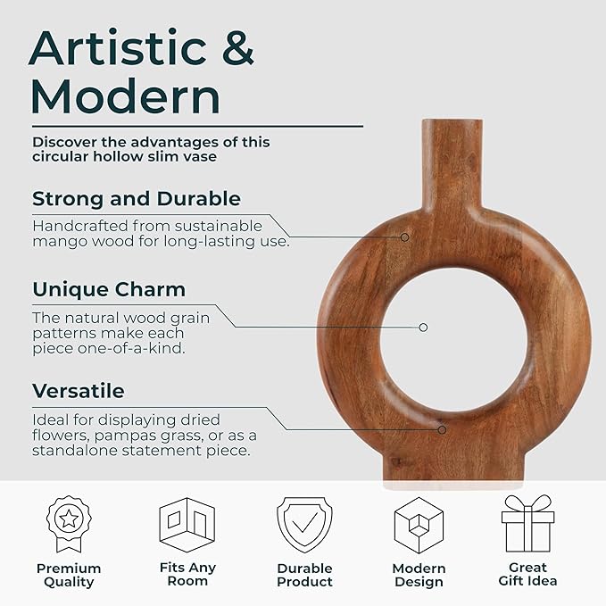 Mango Wood Decorative Vase – Table Decor Flower Holder, Living Room Tabletop Decor, Modern Donut Design Vase Accent for Circle Table Home Decor – 18", Brown