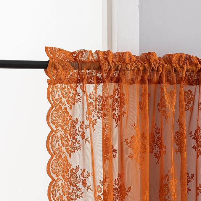 Kotile Burnt Orange Sheer Curtains 45 Inch Length for Kitchen Window, Country Rustic Floral Rust Sheer Lace Curtains, Rod Pocket Privacy Short Lace Curtain, 52 x 45 Inch, 2 Panels, Burnt Orange