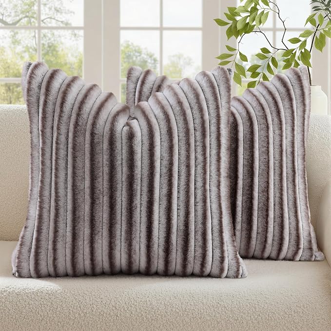 decorUhome Fall Cozy Faux Fur Throw Pillow Covers 22x22 Set of 2 Decorative Soft Plush Striped Modern Farmhouse Boho Couch Euro Sham Pillow Cases with Velvet Back for Sofa Bed Living Room, Brown White