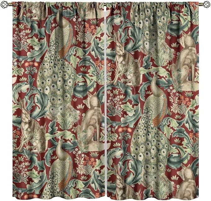 Vintage William Morris Wildlife Blackout Window Curtains, Rustic Boho Animal Plant Window Drapes, for Living Room Bedroom 21(W)*54(L) 2 Panels