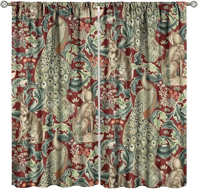Vintage William Morris Wildlife Blackout Window Curtains, Rustic Boho Animal Plant Window Drapes, for Living Room Bedroom 42(W)*84(L) 2 Panels