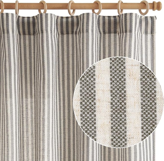 jinchan Linen Curtains 63" Charcoal Grey Stripe on Beige Back Tab 2 Panels | Curtains For Living Room Bedroom,Ticking Stripe, Farmhouse Cottage Core Rustic,Rod Pocket Window Treatment,Light Filtering