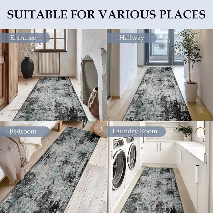 RELEANY Washable Area Rugs 2'x6' Non-Slip Modern Abstract Soft for Living Room Entryway Bedroom Kitchen, Print Pattern, Blue Black Teal