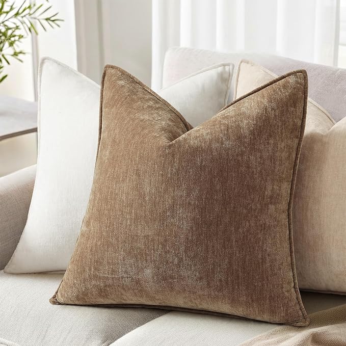 decorUhome Fall Couch Throw Pillow Covers 18x18 Set of 2, Decorative Soft Velvet Modern Cozy Chenille Pillow Cases with Elegant Design for Sofa Bed Living Room Home Decor, Brown