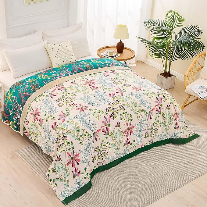 XIBLC Boho Throw Blanket for Bed, 100% Cotton Soft Rustic Quilt Fall Blanket, 60"x80" Floral Printed Farmhouse Decor Bed Blankets, All Season Rustic Reversible Bohemian Throw Quilt