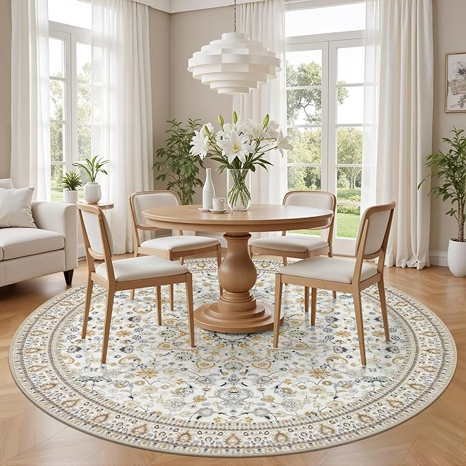 Round Area Rug for Living Room: 6ft Washable Vintage Boho Soft Thin Circle Rug Indoor Floor No Slip Stain Resistant Carpet for Bedroom Dining Room Farmhouse Nursery Home Office - Beige