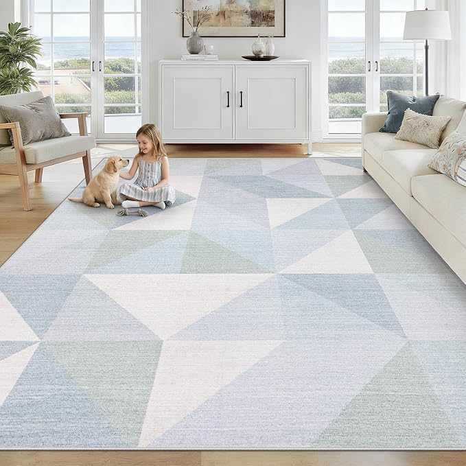 Washable Rug 6x9 Area Rugs: Modern Geometric Area Rug for Living Room Non-Slip Neutral Soft Carpet Low Pile Stain Resistant Indoor Rugs for Bedroom Nursery Dining Room Office (Light Blue, 6'X9')