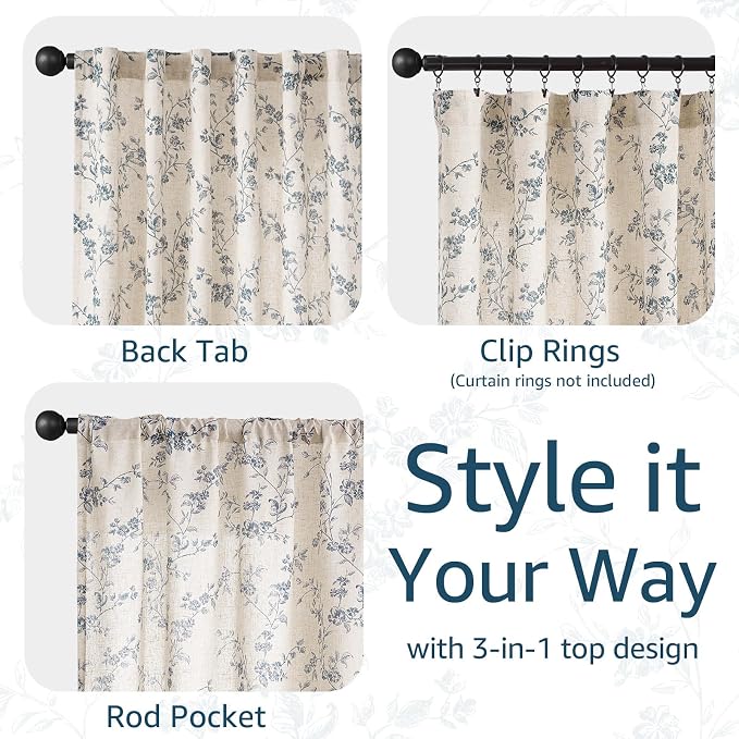 jinchan Blue Floral Linen Curtains 63 Inch Country Drapes Back Tab 2 Panels | Blue on beige, light filtering, farmhouse, rustic, flower, living room, bedroom, laundry, window treatment, home decor