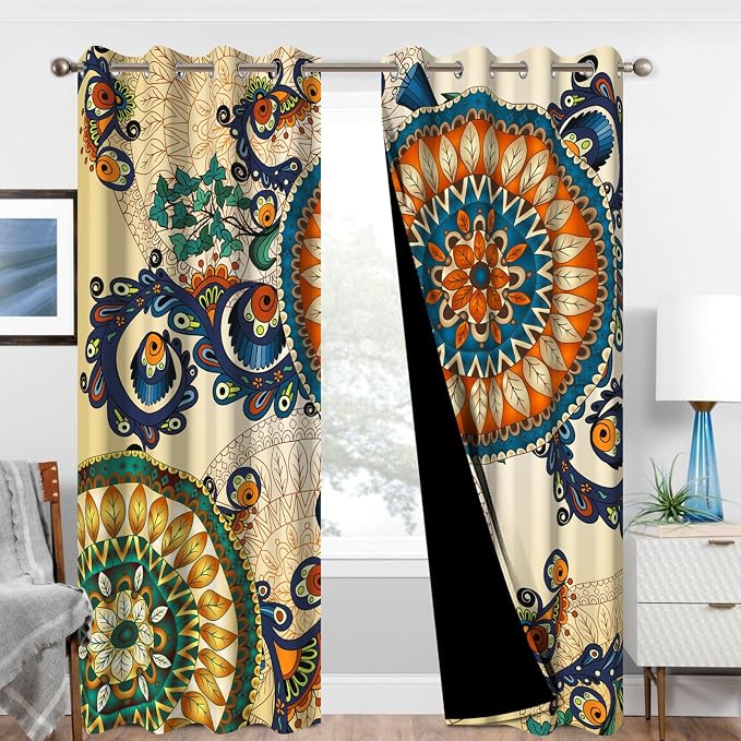 Boho Blackout Curtains for Bedroom and Living Room, Spring Thermal Insulated Darkening Drapes, Mandala Pattern Grommet Soundproof Black Out Curtains 84 Inches Long 2 Panels Set with Curtain Tiebacks