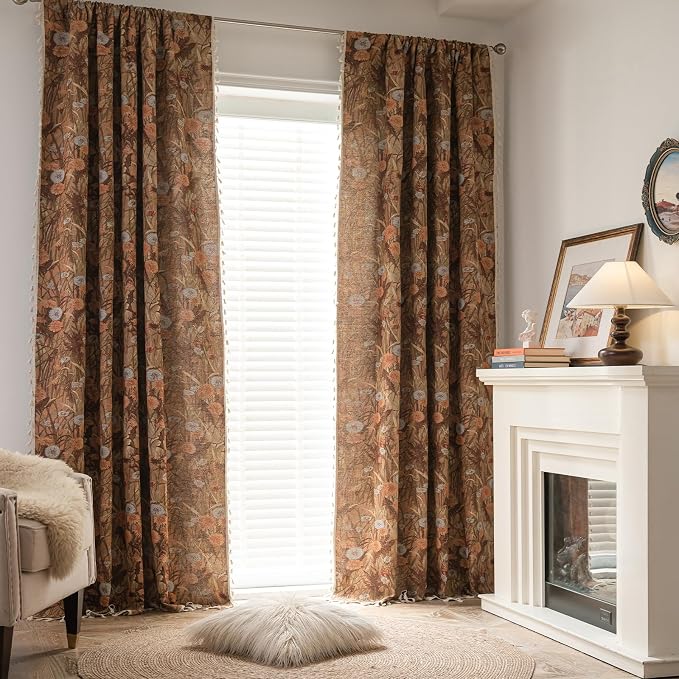 ENJOYBRIDAL Dandelion Curtains 63 Inches Long Bedroom Boho Drapes Short Semi Sheer Jacquard Rod Pocket Window Curtain Panels Vintage Living Room 2 Panels Decorative Tassel Farmhouse Window Treatments