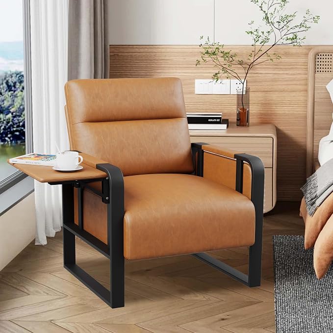 Brown Accent Chair PU Leather Upholstered Armchair with Side Table | Modern Ergonomic Accent Chair for Living Room Bedroom Reading Chair with Side Pocket Corner Chair Office Reception Side Chair