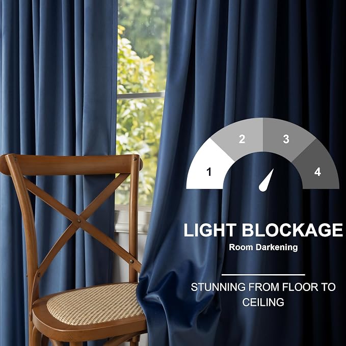 Navy Velvet Curtains 108 Inches Long 2 Panel for Patio Sliding Door Soundproof Light Blocking Solid Privacy Royal Blue Dark Out Drape for Bedroom Living Room Darkening Thermal Coastal Decor 9ft Length