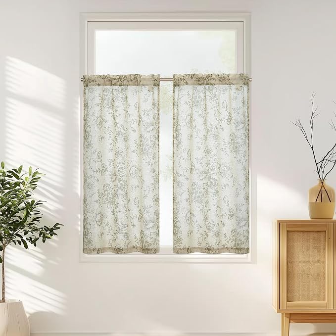 jinchan Floral Linen Tier Curtains 45 Inch Farmhouse Botanic Cafe Drapes for Small Windows Rustic Half Window Curtains for Kitchen Living Room Bathroom Laundry 2 Panels Sage Green on Beige