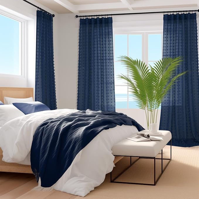 Boho Navy Blue Pom Pom Curtains 96 Inch Length 2 Panels for Boys Girls Living Dining Room Farmhouse Country Rustic Beach Curtains Dark Indigo Blue Airy Breathable Drapes for Bedroom 52x96 Back Tab