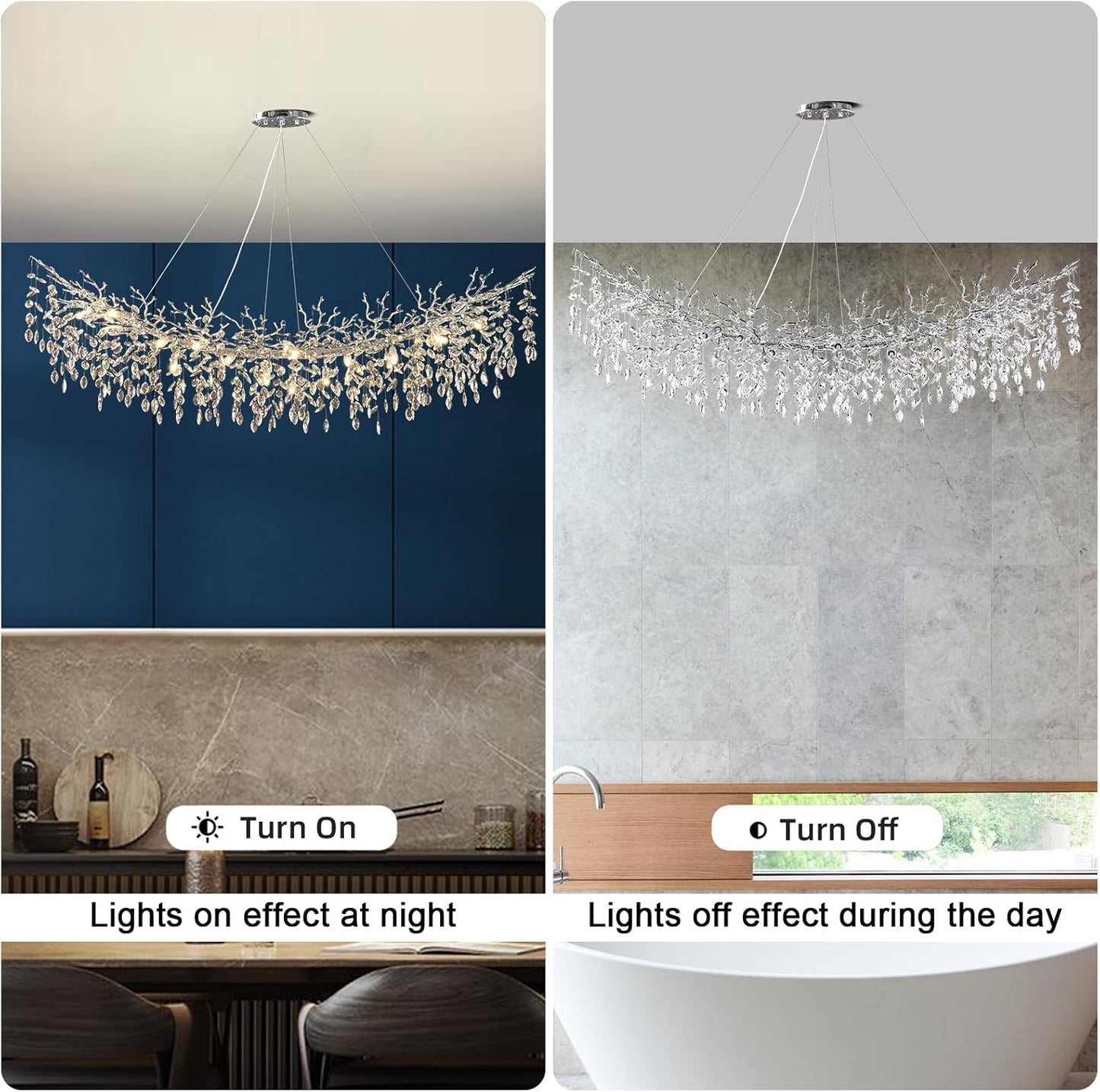 Modern Crystal Silver Chandelier,72" Large Rectangular Chandeliers for Dining Room, Tree Branch Crystal Lving Room Chandelier,Dining Room Over Table Chandelier,Fixture Height-Adjustable