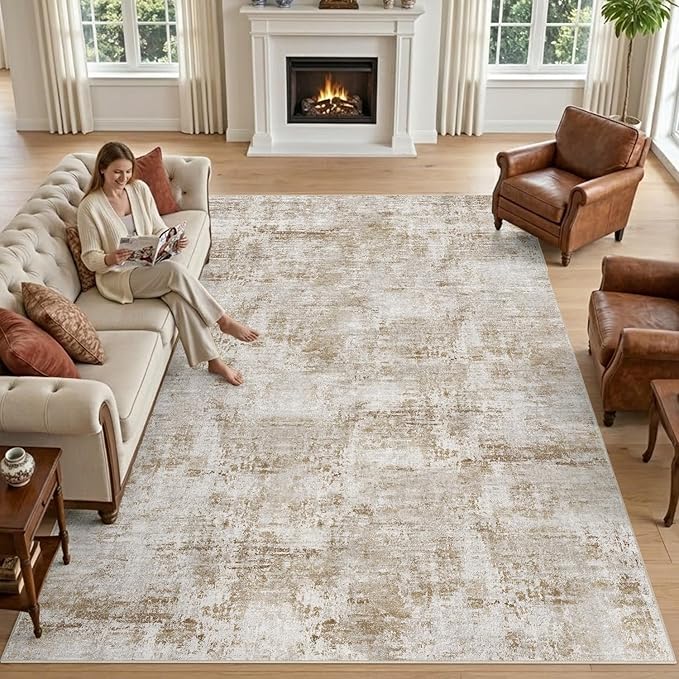 DEXI Washable Area Rug for Living Room 8x10, Modern Abstract Soft Indoor Large Rugs, Stain Resistant Low Pile Carpet with Non Slip Backing for Dining Bedroom Office, Khaki