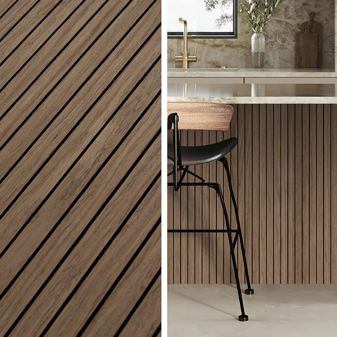 4-Piece Wood Slat Wall Panel for Interior Wall Decor Noise Cancelling 47.2" x 23.6" Peel and Stick Acoustic Decorative 3D Sound Absorbing Wall Paneling, Walnut