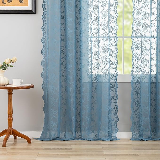 YJ YANJUN Vintage Lace Curtains 84 Inch Length-Dusty Blue Floral Sheer Curtains for Bedroom Living Room Hallway Doorways 2 Panels Set Beach Coastal Decor Rod Pocket W52 X L84 inch Stone Blue