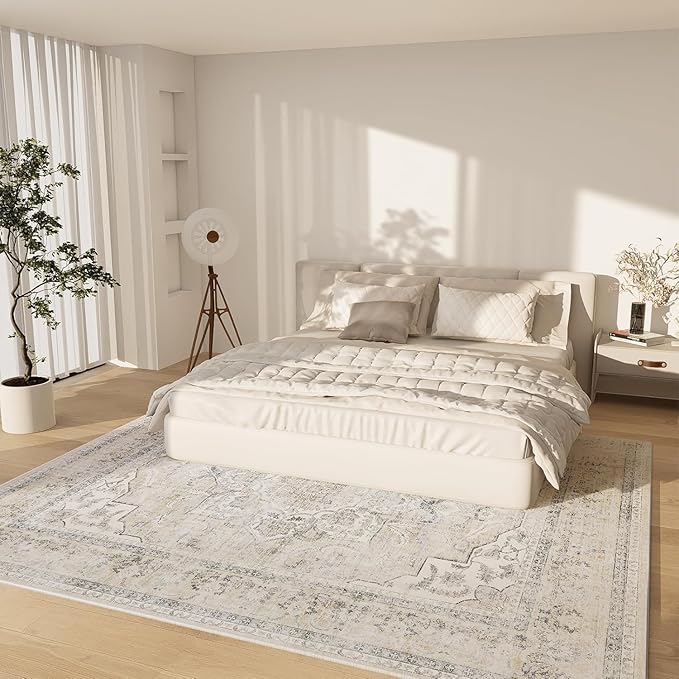 10x14 Area Rugs for Living Room: Large Washable Rug Lightweight Non Slip Low Pile Soft Faux Wool Non Shedding Distressed Vintage Floral Carpet for Bedroom Dining Room Kids Playroom Nursery Farmhouse