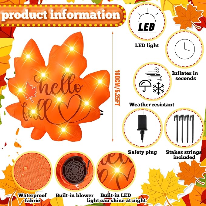 VIHOSE Fall Inflatable Decorations 5.25 ft Thanksgiving Blow up Decor Fall Maple Leaves LED Lights Inflatable Decoration for Autumn Harvest Indoor Outdoor Yard Garden Lawn Party