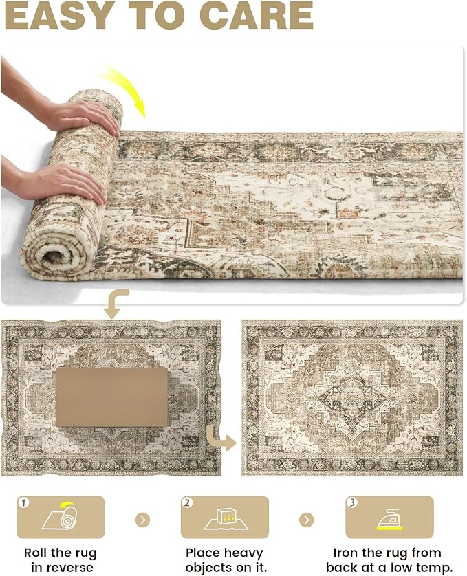 Roxstand 6x9 Area Rugs for Living Room, Washable Rug with Non-Slip Backing, Ultra-Thin Rugs for High-Traffic Areas, Super-Soft Floral Vintage Farmhouse Large Area Rug (Brown/Beige, 6'x9')