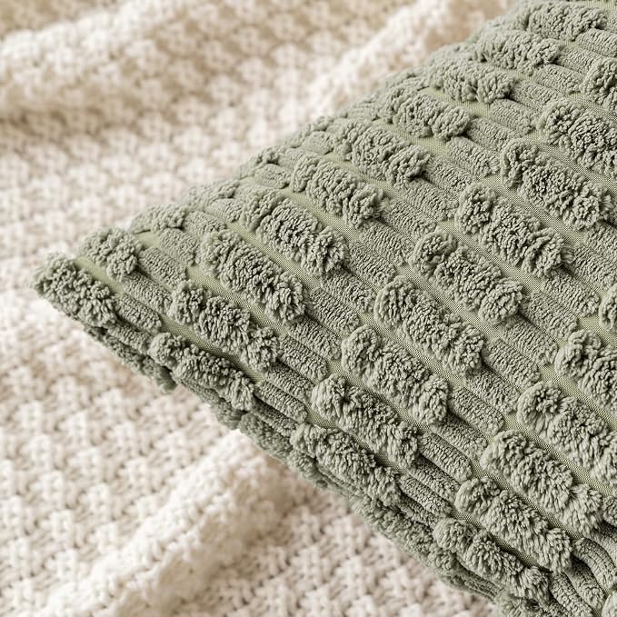 MIULEE Pack of 2 Corduroy Decorative Throw Pillow Covers 20x20 Inch Soft Boho Striped Pillow Covers Modern Farmhouse Home Decor for Summer Sofa Living Room Couch Bed Light Olive Green