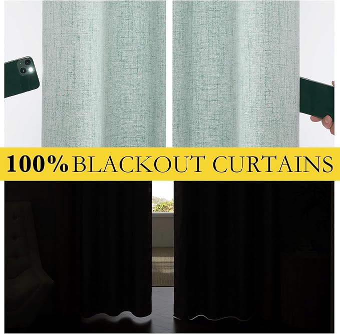 NICETOWN Seafoam Green Living Room Completely Shaded Linen Textured Draperies, 2 Pieces, W52 x L84, Privacy Protection & Noise Reducing Ring Top Drapes, White Lined Insulated Window Treatment Curtains