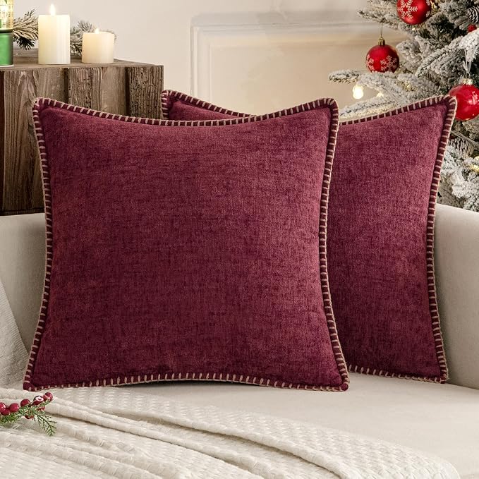MIULEE Pack of 2 Pillow Covers 18x18 Inch Burgundy Red Farmhouse Decorative Throw Pillow Covers with Stitched Edge Soft Chenille Solid Dyed Couch Pillow Covers for Sofa Bed Living Room