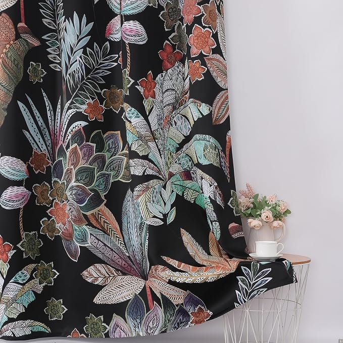 Estelar Textiler Boho Blackout Curtains 102 Inches Long,Thermal Insulated Leaf and Floral Pattern Drapes for Bedroom,Grommet Room Darkening Window Curtains for Living Room,Black,52Wx102L,2 Panels