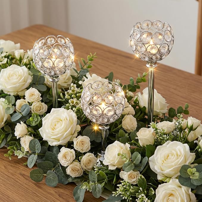 Crystal Candle Holders 4 Set of 12 - Sliver Vintage Hollow Ball Candle Stand for Table Centerpiece, Crystal Metal Tealight Candlestick for Wedding, Dining Room Decor