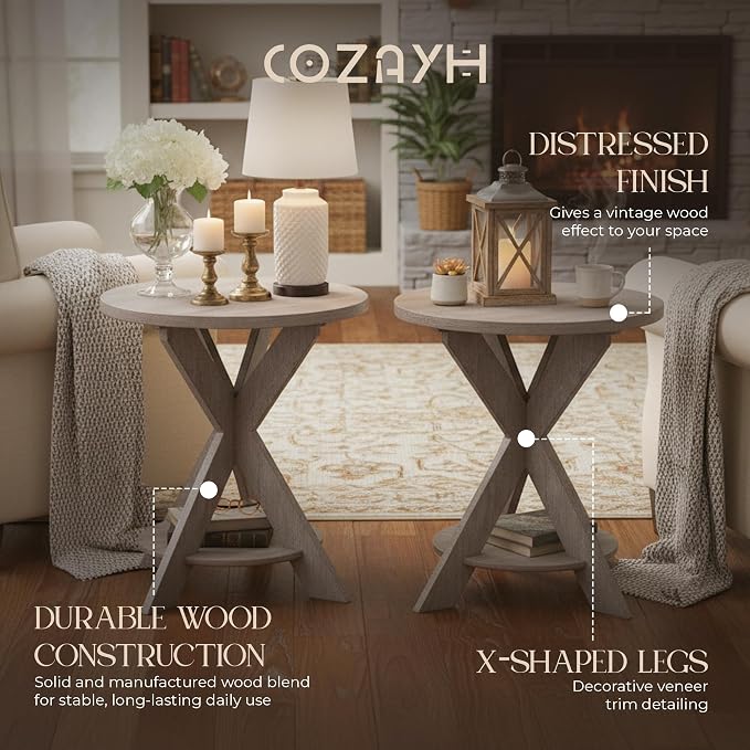 Set of 2 Farmhouse Cross Leg end Table, French Country Accent Side Table for Family, Dinning or Living Room, Small Spaces, Modern, Round, Vintage Grey Finish. (2 Pack)
