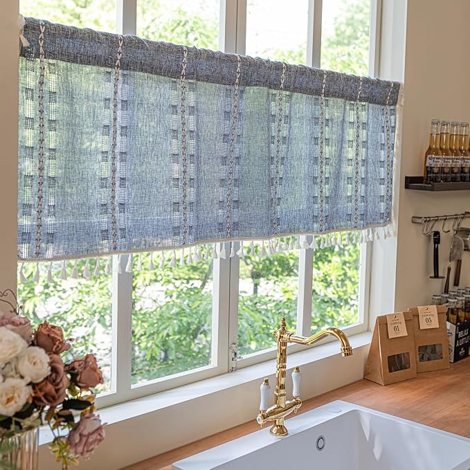 Deeprove Boho Valance Window Kitchen Curtain Over Sink, Textured Striped Drape Short Semi Sheer Privacy Tier Embroidered Chic for Cafe Restaurant Closet Bathroom, W52 x L18 inch 1 Panel Denim Blue