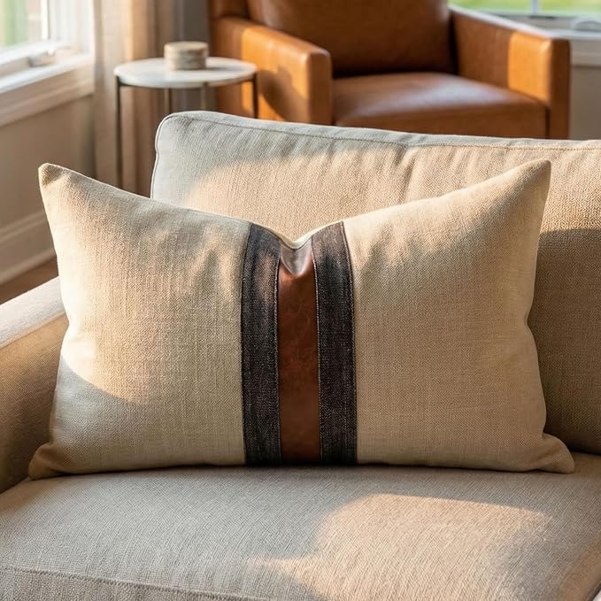 Set of 2 Leather Throw Pillow Covers Lumbar Cotton Linen Decor Patchwork Pillow Cover Faux Leather Pillows Cover for Couch Sofa Living Room Bedroom,Beige Yellow 12"x20"