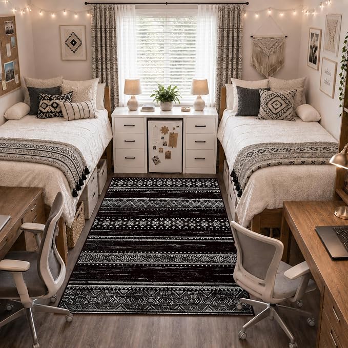 BESTSWEETIE 4x6 Area Rugs for Living Room Washable Moroccan Farmhouse Neutral Geometric Low Pile Non-Slip Soft Print Pattern Rug for Bedroom Kitchen Dining Room Entryway Black/White