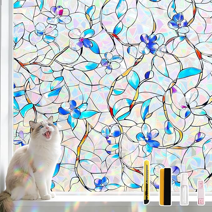 NINETREX Window Privacy Film, Rainbow Stained Glass Window Film, Static Cling Heat Control UV Blocking, Decorative for Home, Bathroom, Glass Door and Car, Renter-Friendly, Blue 23.6 x 157.4 inches