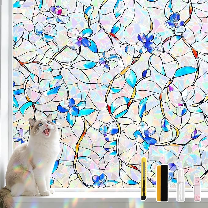 NINETREX Window Privacy Film, Rainbow Stained Glass Window Film, Static Cling Heat Control UV Blocking, Decorative for Home, Bathroom, Glass Door and Car, Renter-Friendly, Blue 17.5 x 157.4 inches