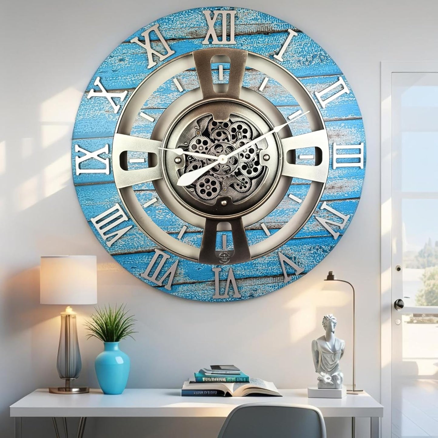 The Gears Clock Real Moving Gear Wall Clock England Line (Ocean Blue, 24 inches (60 cm))