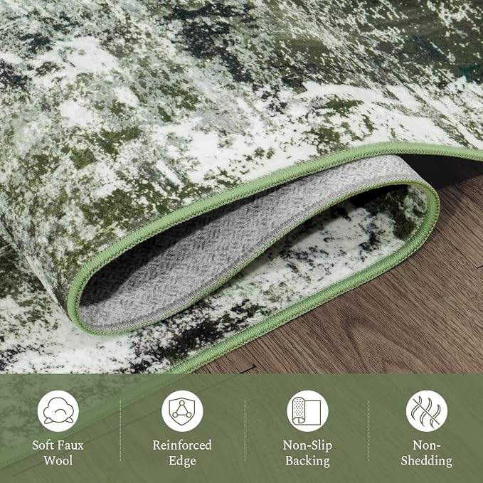 Rugflix 8x10 Area Rugs for Living Room, Washable Large Rug Stain-Resistant Low Pile, Modern Dark Carpet for Dining Room Home Office Kid Room Nursery Bedroom, Dark Green