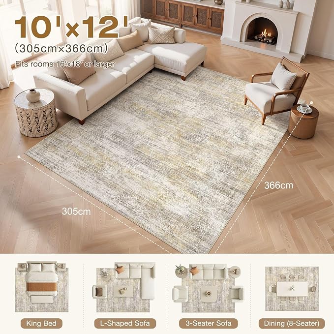 cotiled Washable Area Rugs 10x12 Living Room | Non Slip Backing, Stain Resistant, Pet Friendly, Large Neutral Soft Indoor Carpet For Bedroom, Nursery, Office, Gold/Brown