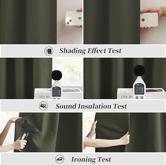 KEQIAOSUOCAI Dark Olive Green Blackout Curtains 102 Inches Long 2 Panels Set- Faux Linen Textured Black Out Thermal Insulated Noise Reduction Winodw Draper for Bedroom and Living Room 50x102-in