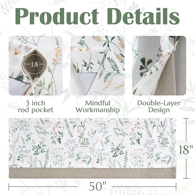 JINCHAN Linen Double Layer Valance Curtain for Windows Farmhouse Floral Light-reducing Kitchen Living Room Bedroom Bathroom 18 Inch Rod Pocket 1 Panel Green on White
