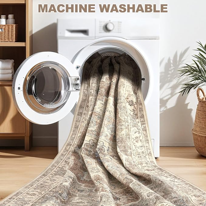 10x14 Washable Area Rug: Vintage Neutral Soft Non Slip Thin Large Floor Carpet for Living Room Bedroom Kitchen Dining Room Home Office Farmhouse Indoor - Beige Brown