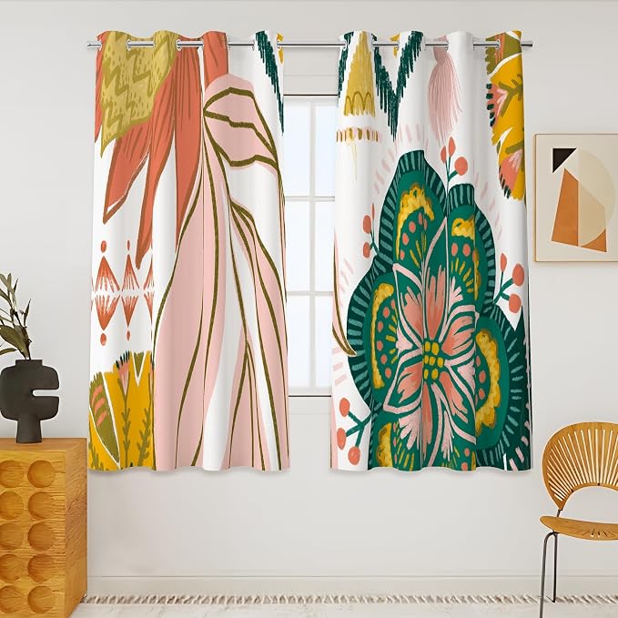 Tyrot Boho Floral 100% Blackout Curtains 45 Inch Long 2 Panels Mid Century Modern Botanical Grommet Thermal Insulated Room Darkening Black Out Window Drapes for Kitchen, 52Wx45L