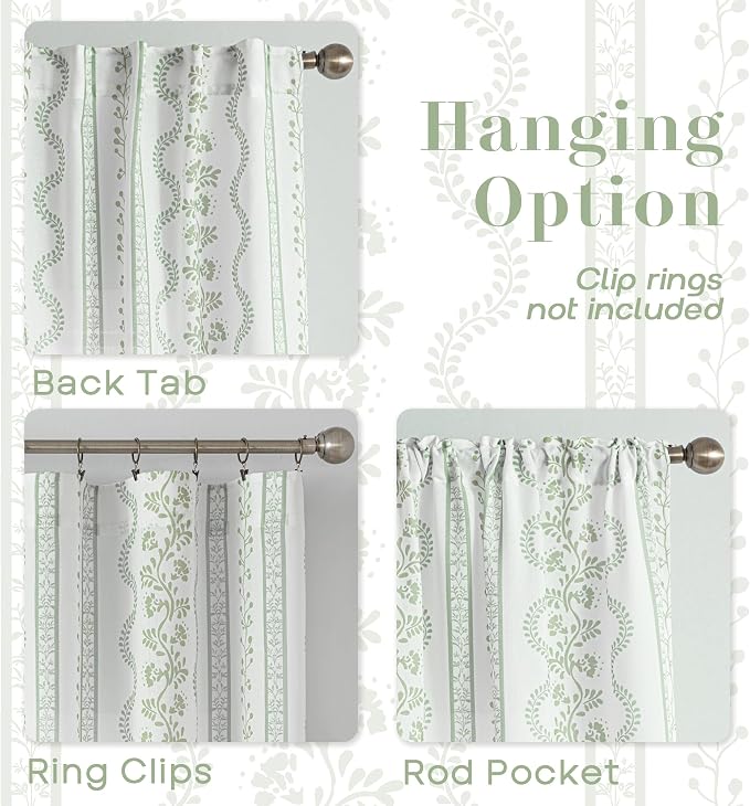 Light Sage Green and White Vine Spring Curtains for Living Room, Cottage Core Floral Pattern Light Filtering Sheer Window Panels for Bedroom Kitchen, 84 Inches Long
