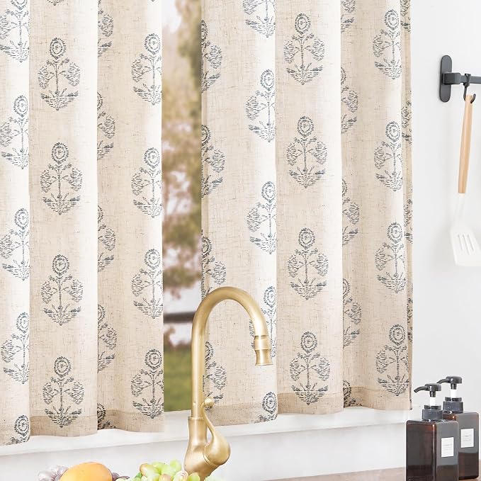 jinchan Linen Kitchen Curtains 36 Inch Floral Tier Curtains Farmhouse Cottage Core Flax Cafe Rod Pocket Country Small Window Drapes for Laundry Room Bathroom RV 2 Panels Blue on Beige