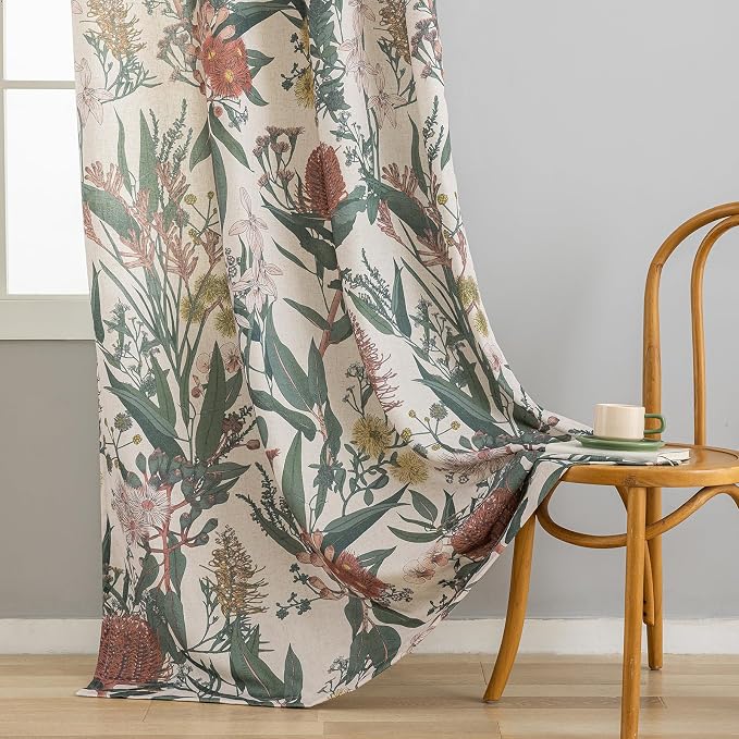 ALIGOGO Floral Print Curtains 108 Inches Long -Luxury Moody Decorative Curtains Two Pages for Balcony Sliding Glass Office, Extra Long Semi Sheer Linen Drapes Ceiling to Floor 9 FT, 50" W x 108" L