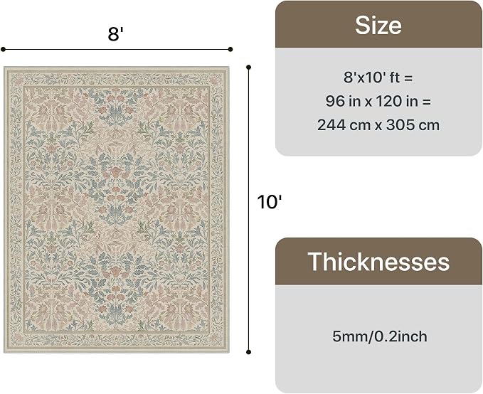 GENIMO 8x10 Washable Area Rugs for Living Room, Non Slip, Beige Pink | Vintage Boho Floral Low Pile Thin Carpet for Bedroom, Dining Room, Nursery, Indoor Decor